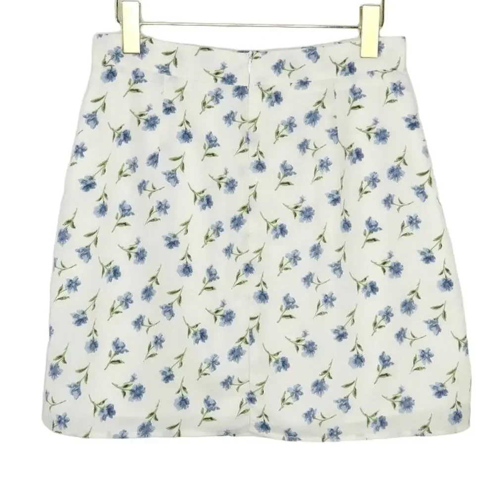 Shein White & Blue Floral Mini Skirt with Side Slit Medium Coquette Cottage